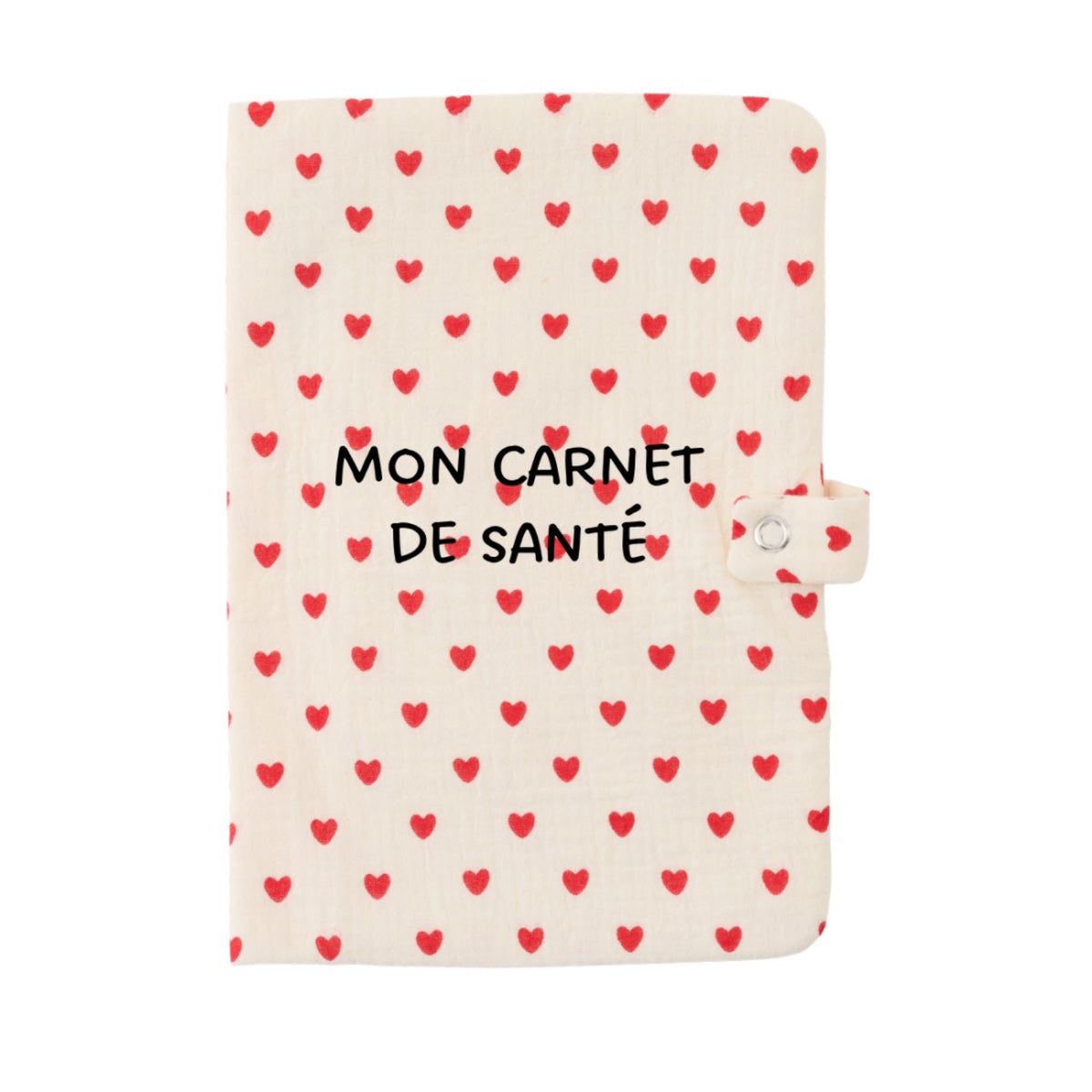 Protège carnet de santé en gaze de coton brodé — Atelier Wagram — Cœurs rouges « Mon carnet de santé » — packshot | Appart 17 Bruxelles