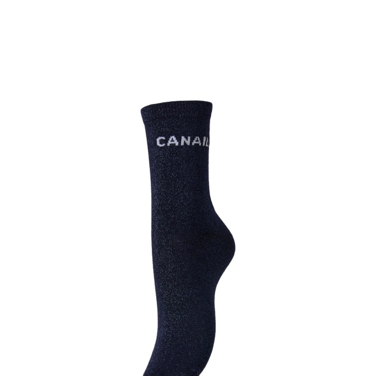 PCSEBBY Chaussettes longues pailletées à slogan — Pieces — Maritime Blue CANAILLE — packshot | Appart 17 Bruxelles