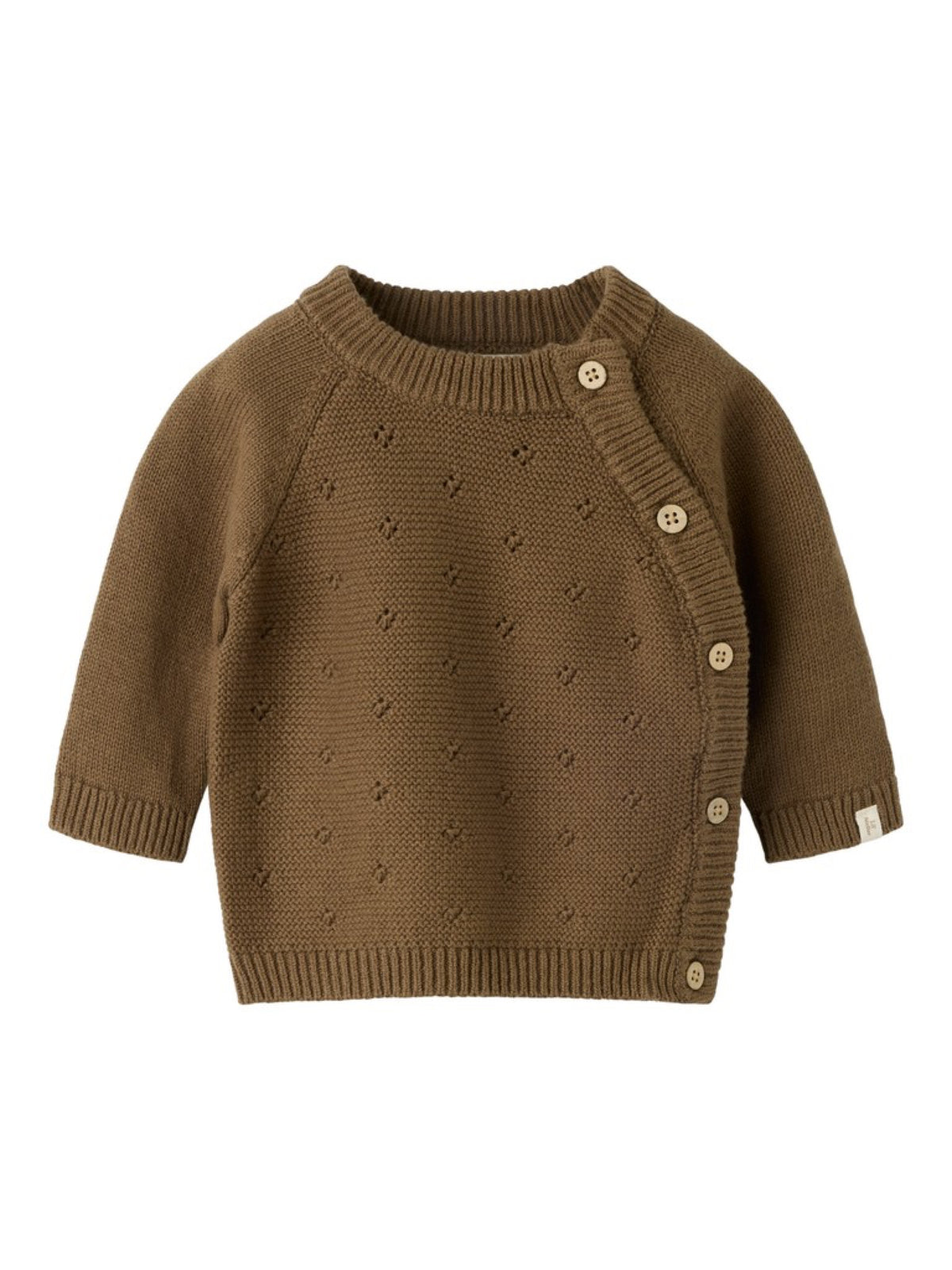 NBNLAGUNA Gilet cache-cœur en maille bébé — Lil' Atelier — Teak — vue de face 2 | Appart 17 Bruxelles