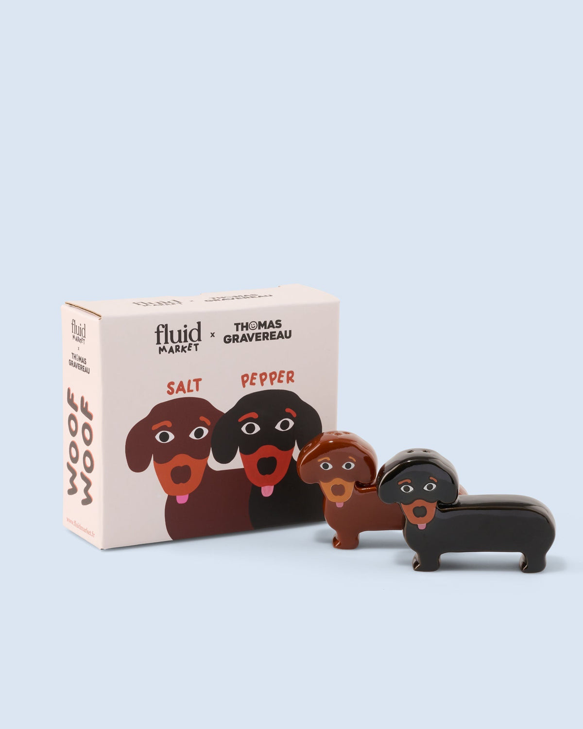 Fluid Market × Thomas Gravereau Sel & Poivre Teckel en céramique — Fluid Market — Marron & noir — packshot, coffret 3 | Appart 17 Bruxelles