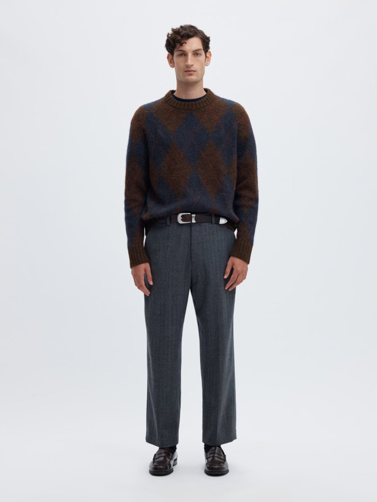 SLMRAI Pull jacquard à losanges, alpaga et laine — Selected Homme — Delicioso Navy Blazer — porté, tenue complète | Appart 17 Bruxelles