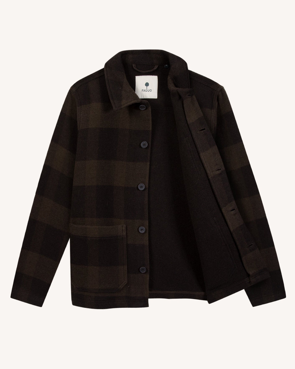 LORGE Veste workwear en lainage italien, poches plaquées — FAGUO — Marron & taupe à carreaux — packshot, ouverte 7 | Appart 17 Bruxelles