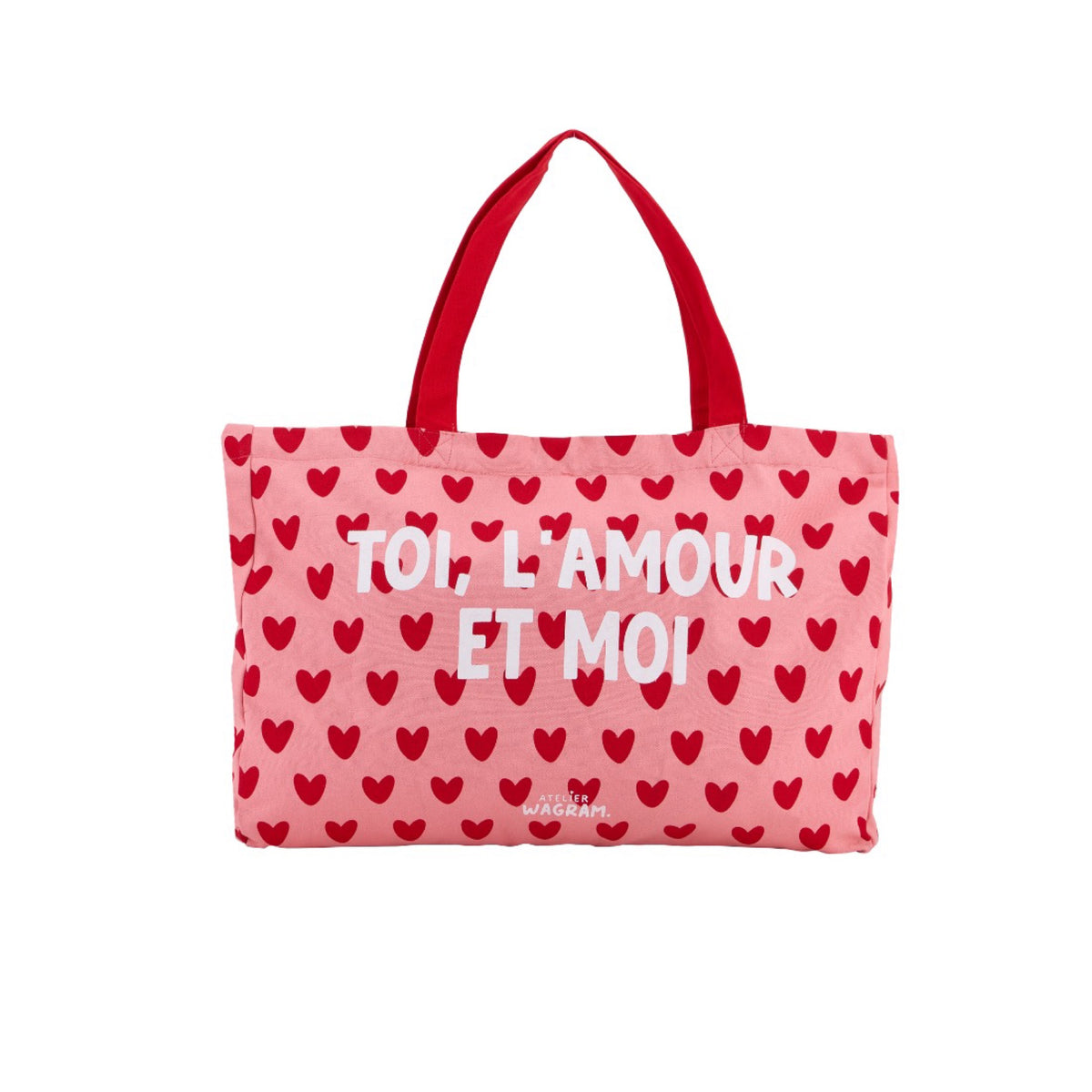 Cabas XL en toile de coton à message — Atelier Wagram — « Toi, l'amour et moi » rose et rouge — packshot | Appart 17 Bruxelles