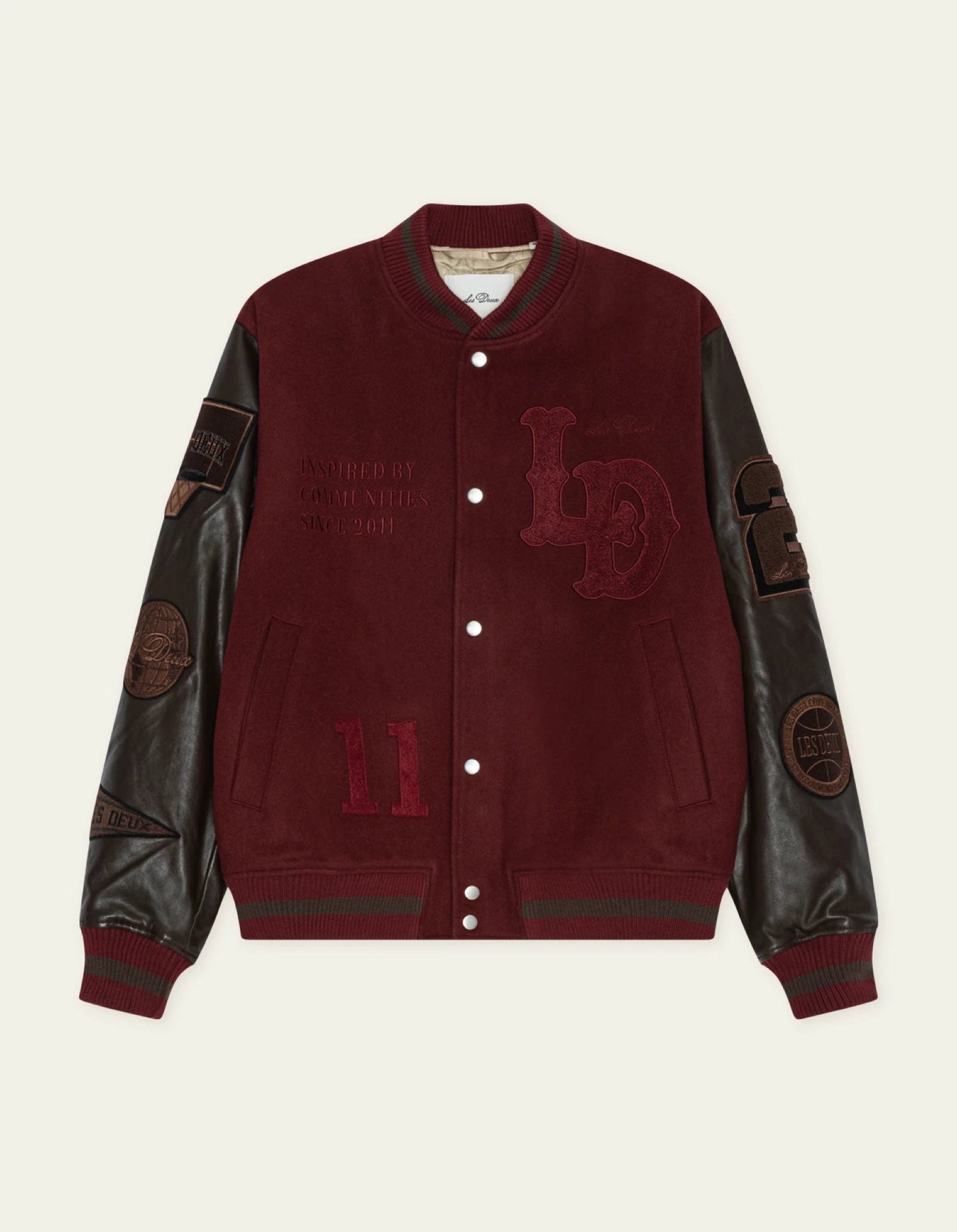 Varsity Veste teddy laine & cuir — Chocolate Truffle Red — Les Deux