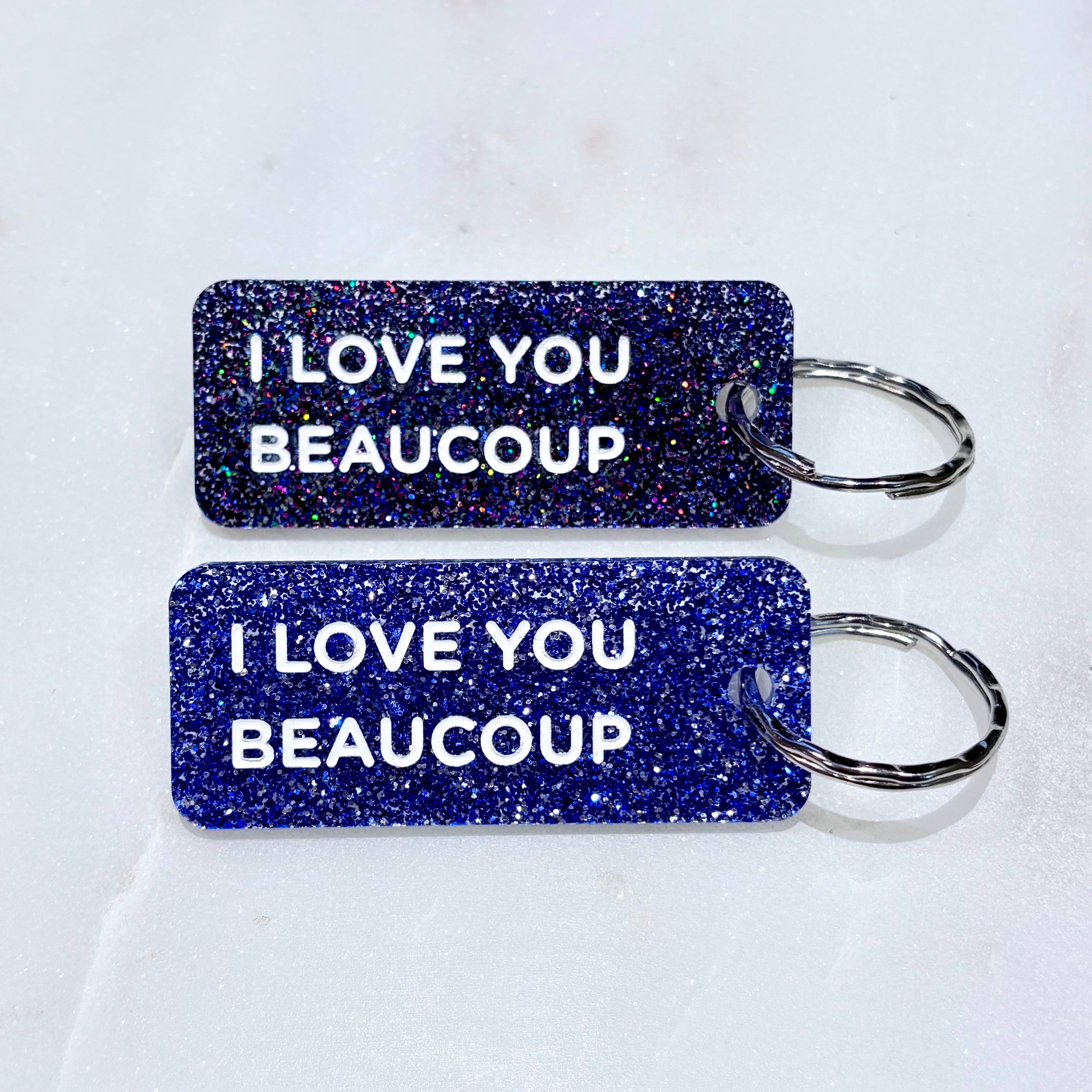 I LOVE YOU BEAUCOUP Porte-clés à paillettes Plus de Love: Fuchsia / Or — Appart 17 Bruxelles