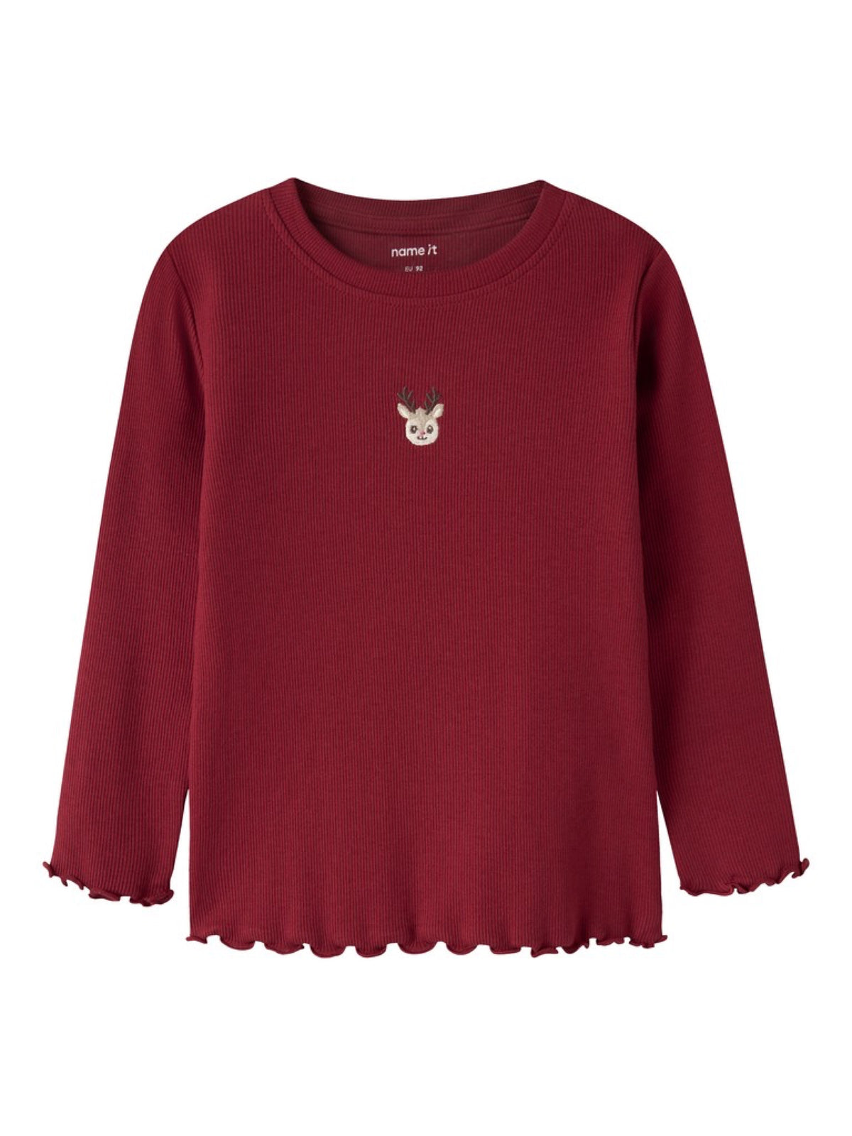 NMFVIVEMMAS T-shirt côtelé brodé de Noël fille — name it — Red Dahlia Reindeer — vue de face | Appart 17 Bruxelles
