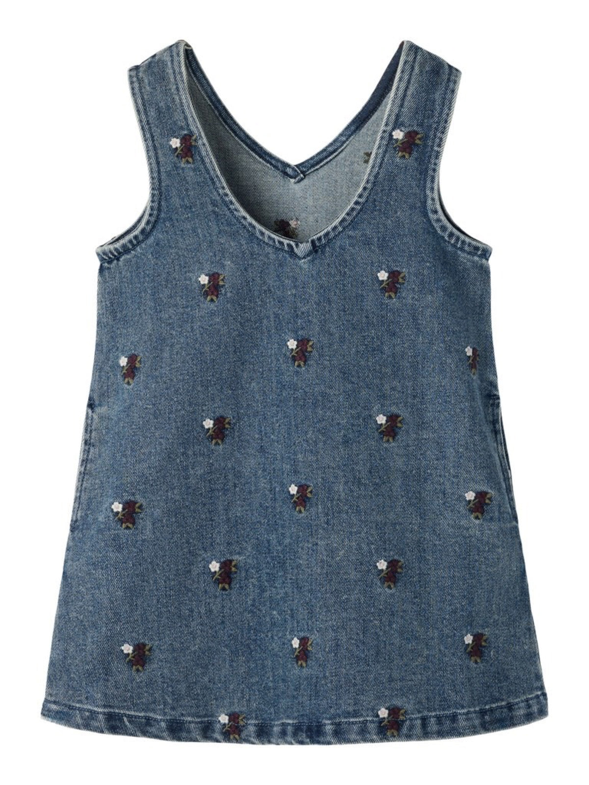 NMFROBERTA Robe chasuble en jean brodée de fleurs fille — Lil' Atelier — Dark Blue Denim — packshot, de dos (fond blanc) 4 | Appart 17 Bruxelles