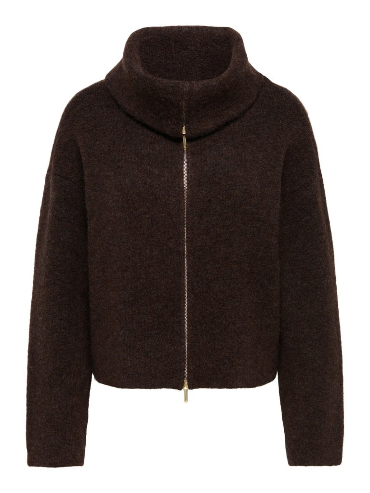 JDYZELINA Cardigan à double zip et col montant, manches longues — JDY — Chocolate Torte — packshot, de face | Appart 17 Bruxelles