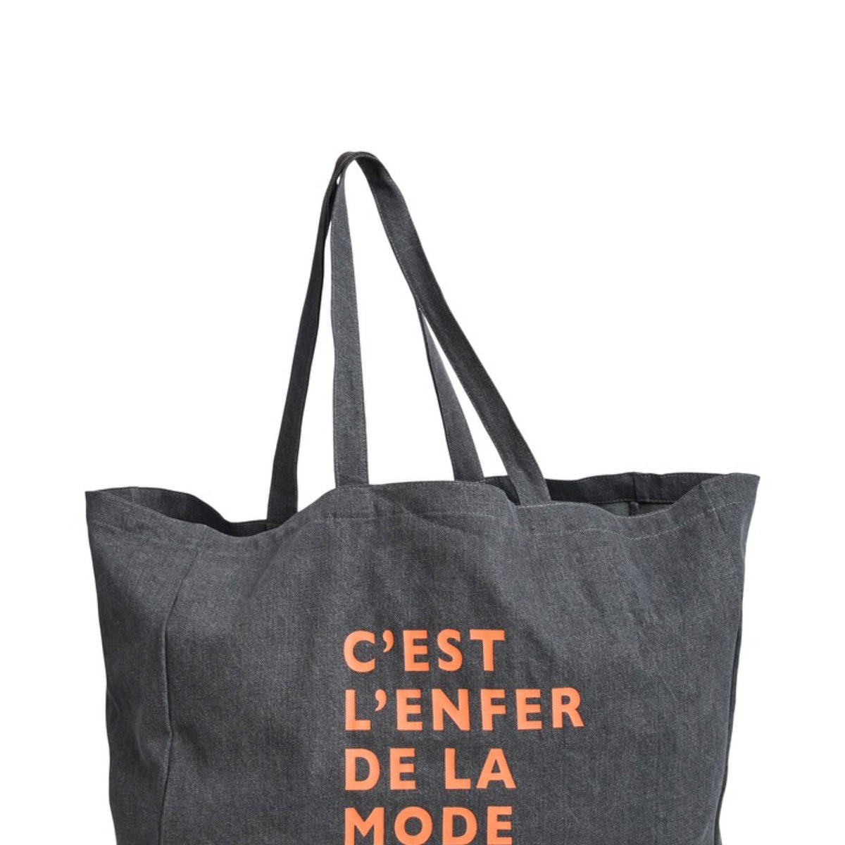 PCSASTRO Tote bag en coton à slogan — Pieces — Black Washed/neon orange — packshot | Appart 17 Bruxelles