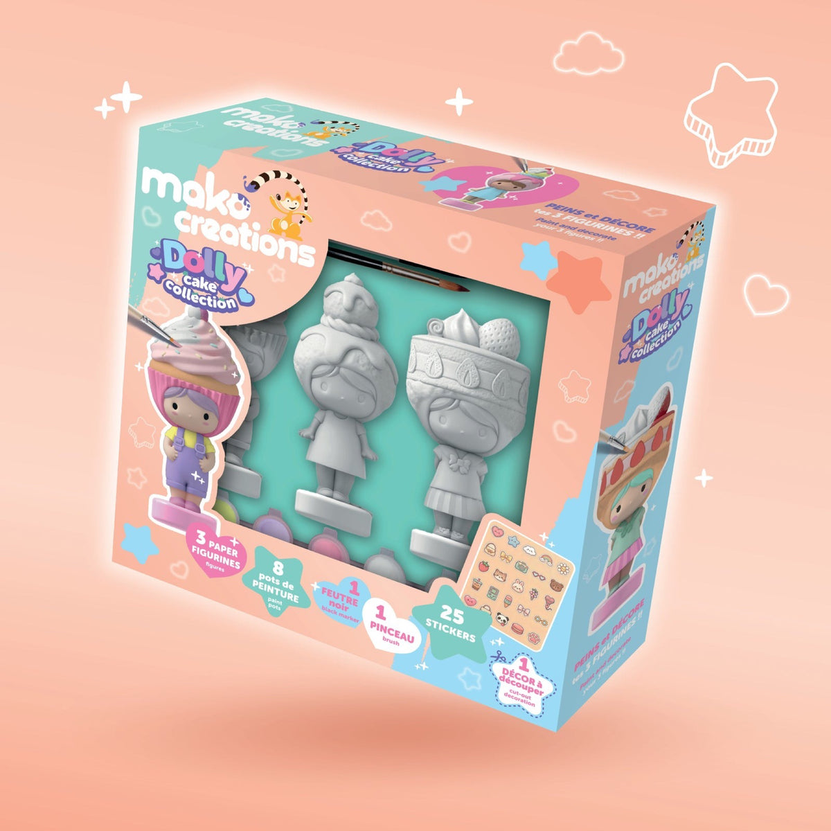 Kit de peinture Dolly Collection, 3 figurines à décorer — mako moulages — Cake — packshot | Appart 17 Bruxelles