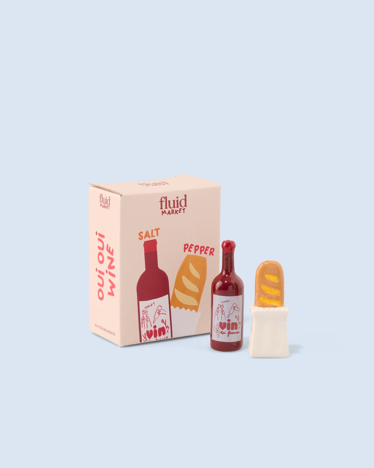 Fluid Market Sel & Poivre Baguette et bouteille de vin en céramique — Fluid Market — Beige & rouge — packshot, coffret 3 | Appart 17 Bruxelles