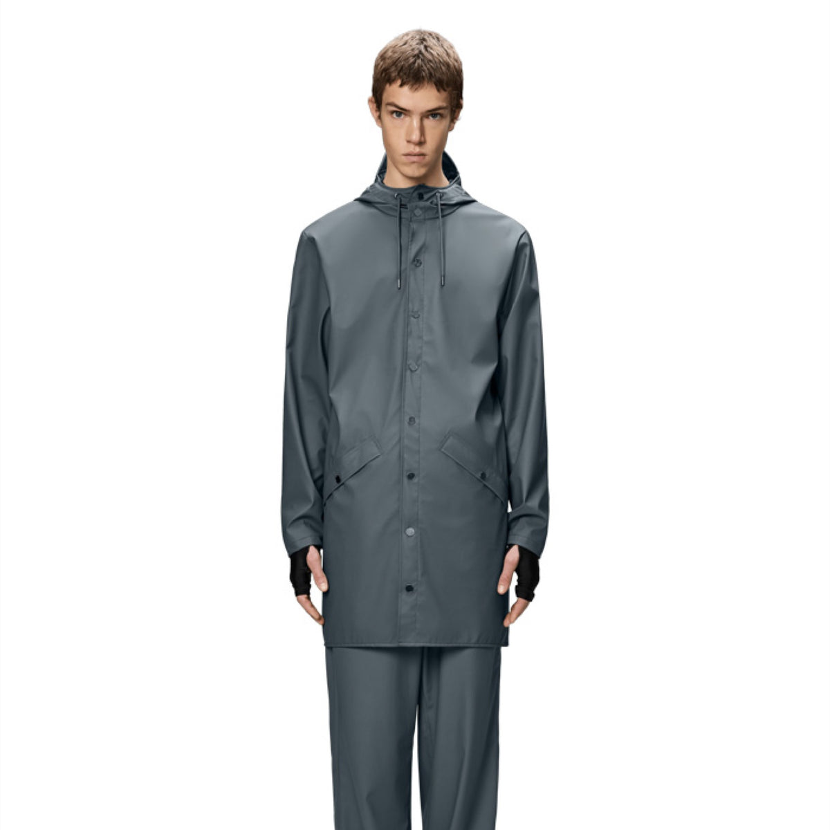 Long Jacket W3 Imperméable long unisex — Rains — Lagoon — porté, vue de face | Appart 17 Bruxelles