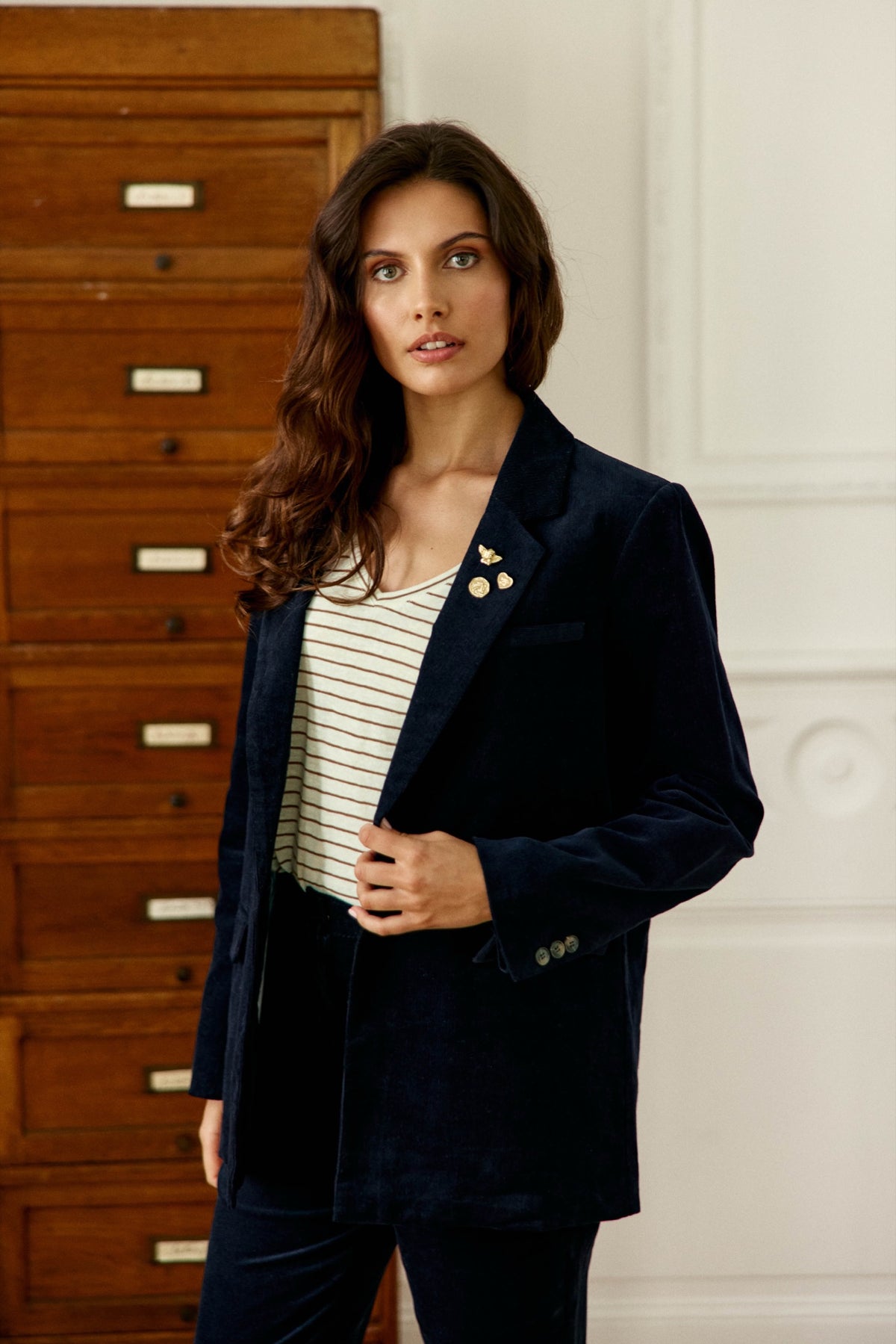 Veste de tailleur Viano en velours côtelé — Marine — vue 3