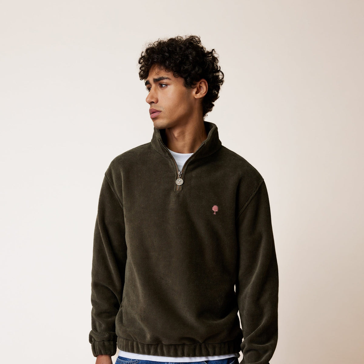 AMBOISE Sweat zippé col montant — Vert olive foncé