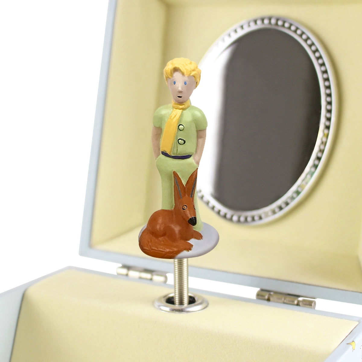 Boîte à musique cube Le Petit Prince Mouton, phosphorescente — Trousselier — Le Petit Prince — détail de la figurine du Petit Prince et du renard 3 | Appart 17 Bruxelles
