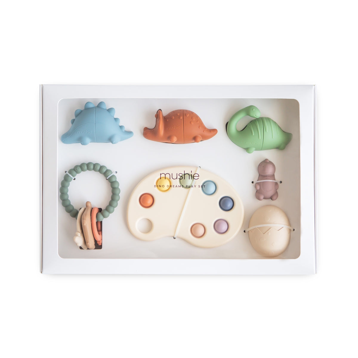 Coffret cadeau bébé Dino Dreams — Mushie — Dino Dreams — packshot | Appart 17 Bruxelles