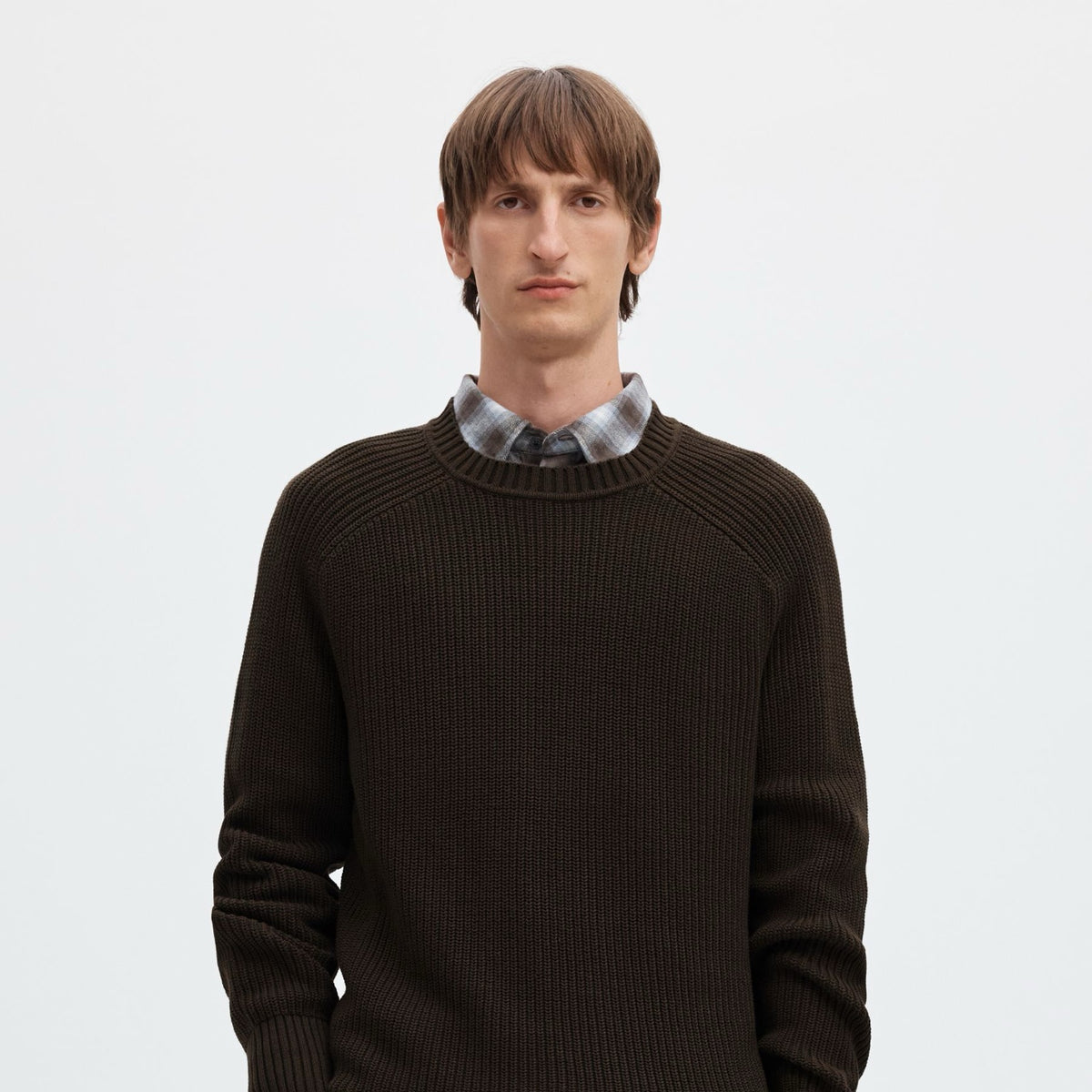 SLMPIM Pull col rond en maille côtelée à manches raglan — Selected Homme — Delicioso — porté, de face | Appart 17 Bruxelles