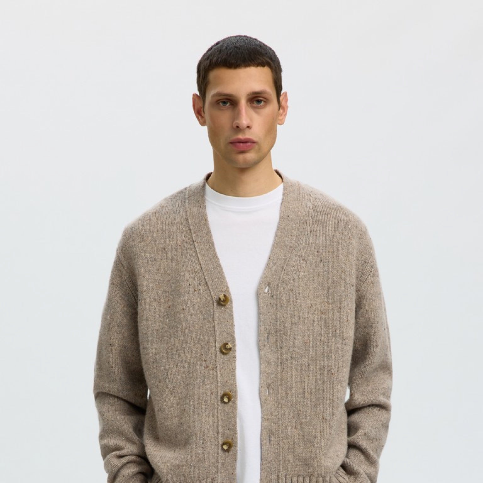 SLMCODY Cardigan col V en laine — Oatmeal Neps — Selected Homme