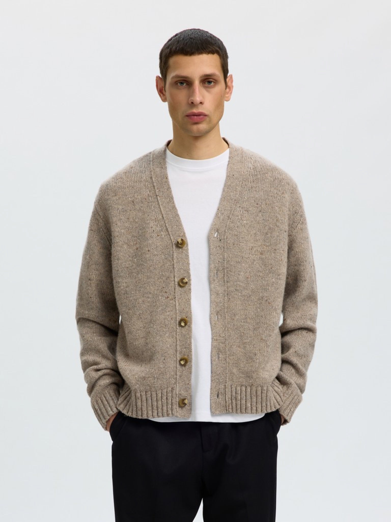 SLMCODY Cardigan col V en laine — Oatmeal Neps — Selected Homme