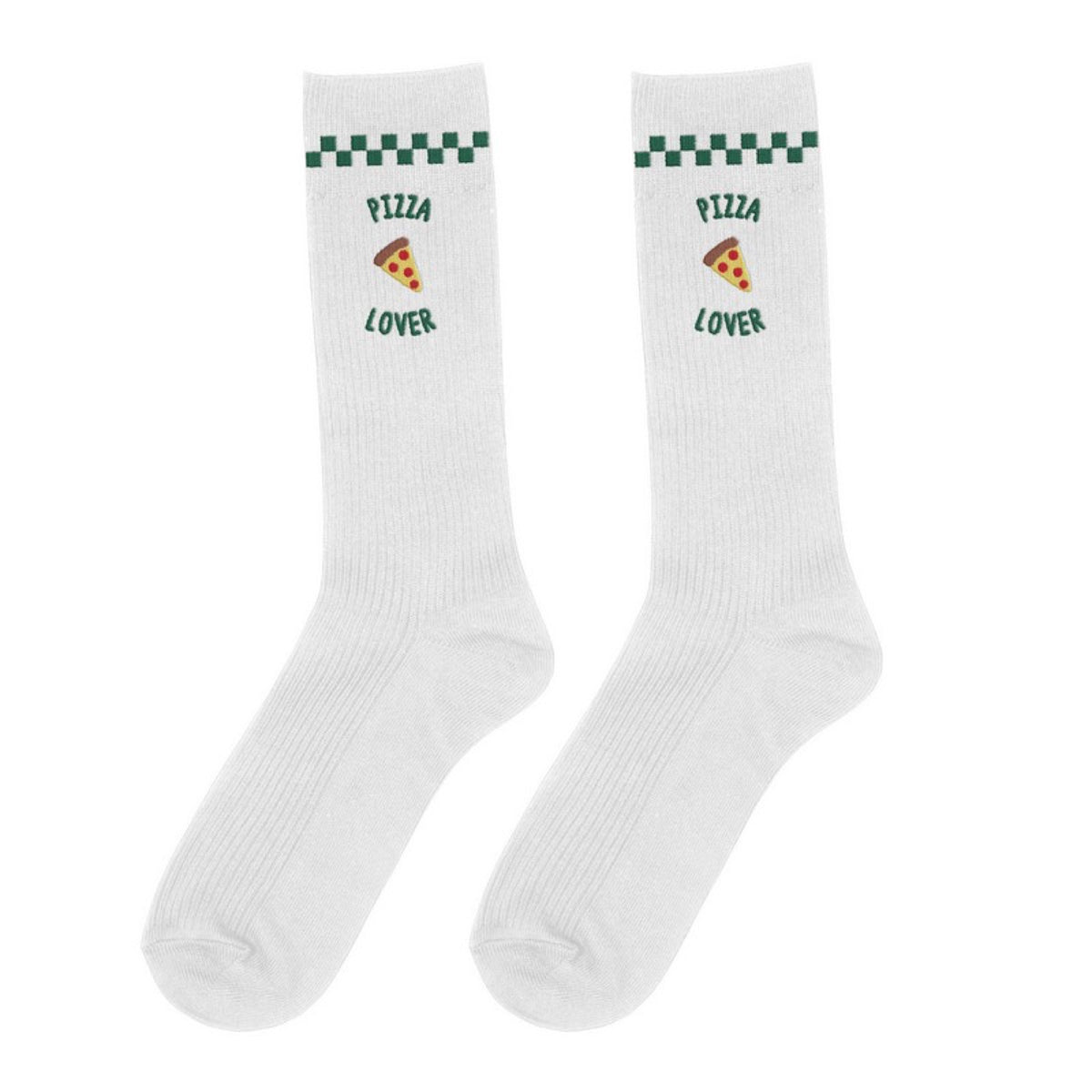 Chaussettes brodées à message — ATELIER PISTACHE — pizza lover — packshot | Appart 17 Bruxelles