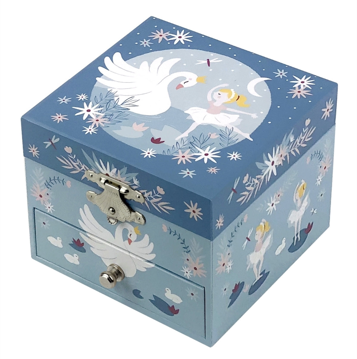 Boîte à musique cube Ballerine Lac des Cygnes bleue — Trousselier — Lac des Cygnes — packshot de la boîte fermée | Appart 17 Bruxelles