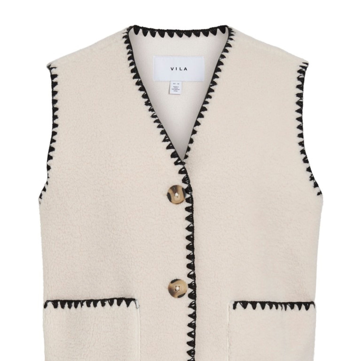 VITEDIRA Gilet sans manches en teddy col V, surpiqûres contrastées — VILA — Birch — packshot | Appart 17 Bruxelles