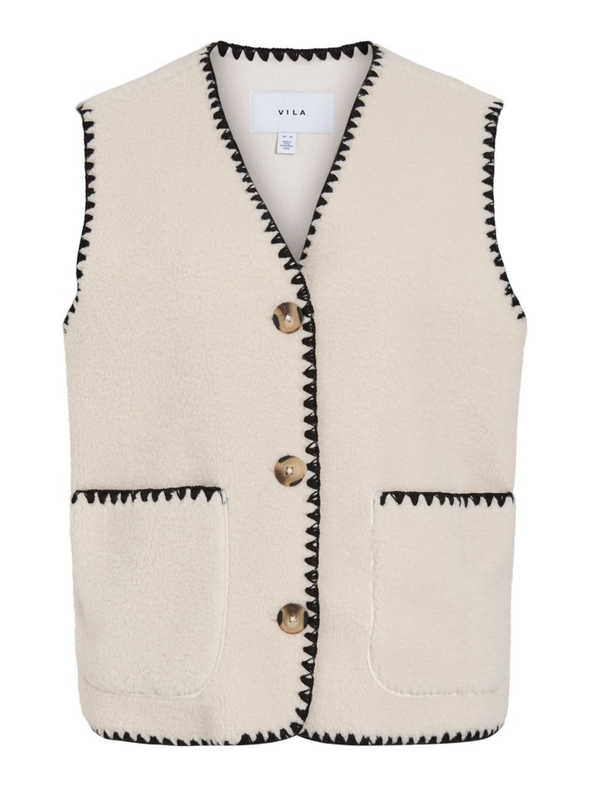 VITEDIRA Gilet sans manches en teddy col V, surpiqûres contrastées — VILA — Birch — packshot | Appart 17 Bruxelles
