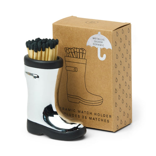 Paddywax Wellington Botte de pluie en céramique porte-allumettes + 25 allumettes — Chrome