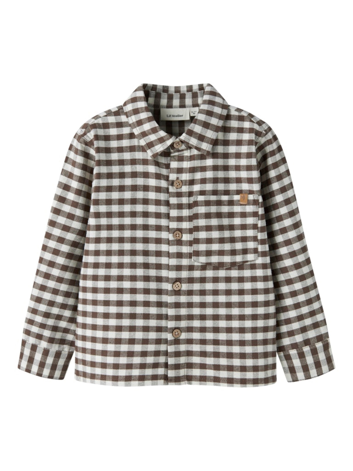 NMMNOKI Chemise en flanelle à carreaux garçon — Lil' Atelier — Teak — vue de face | Appart 17 Bruxelles