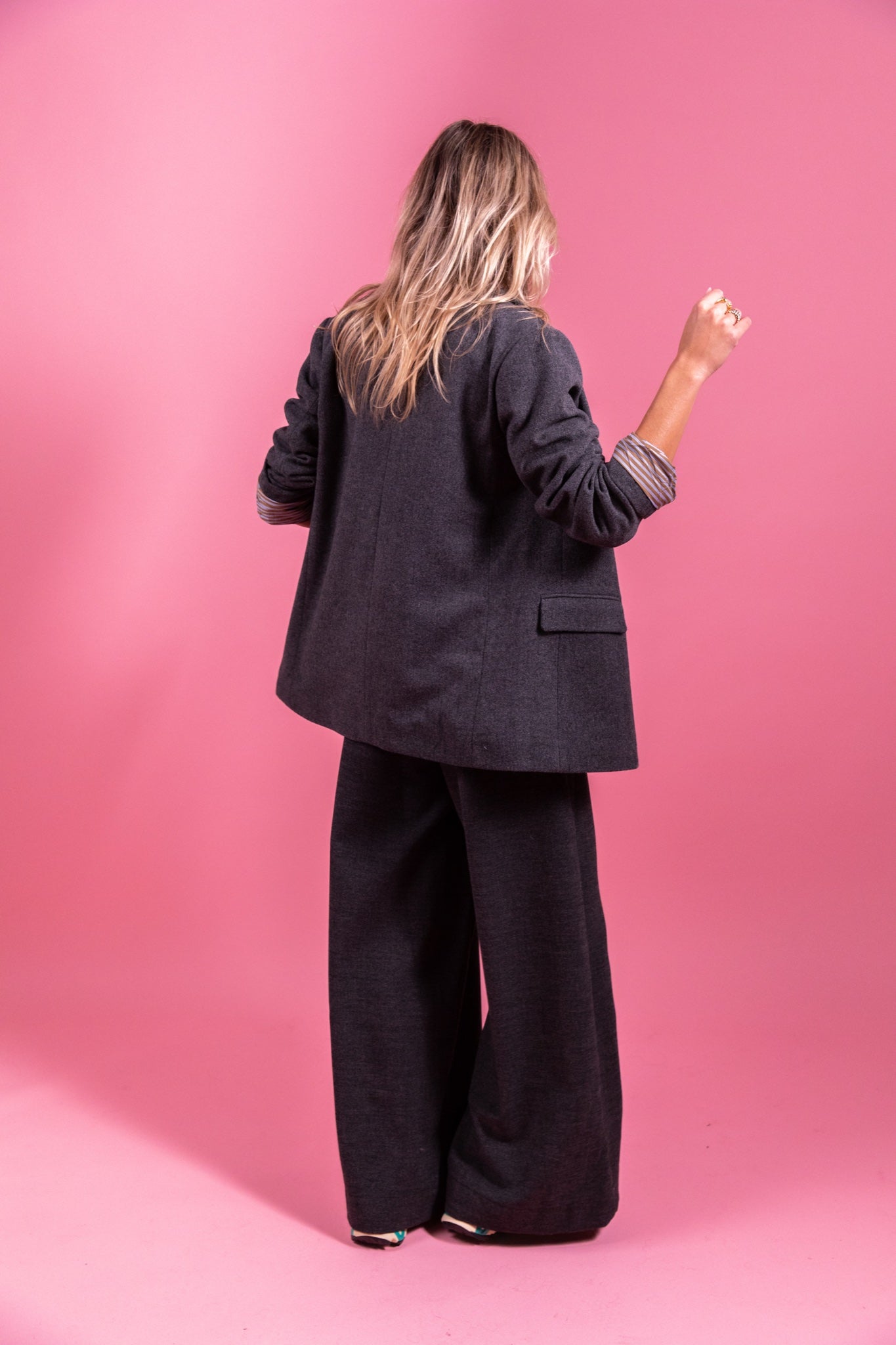 PATTY Pantalon large en maille mélangée laine — Gris — vue 5