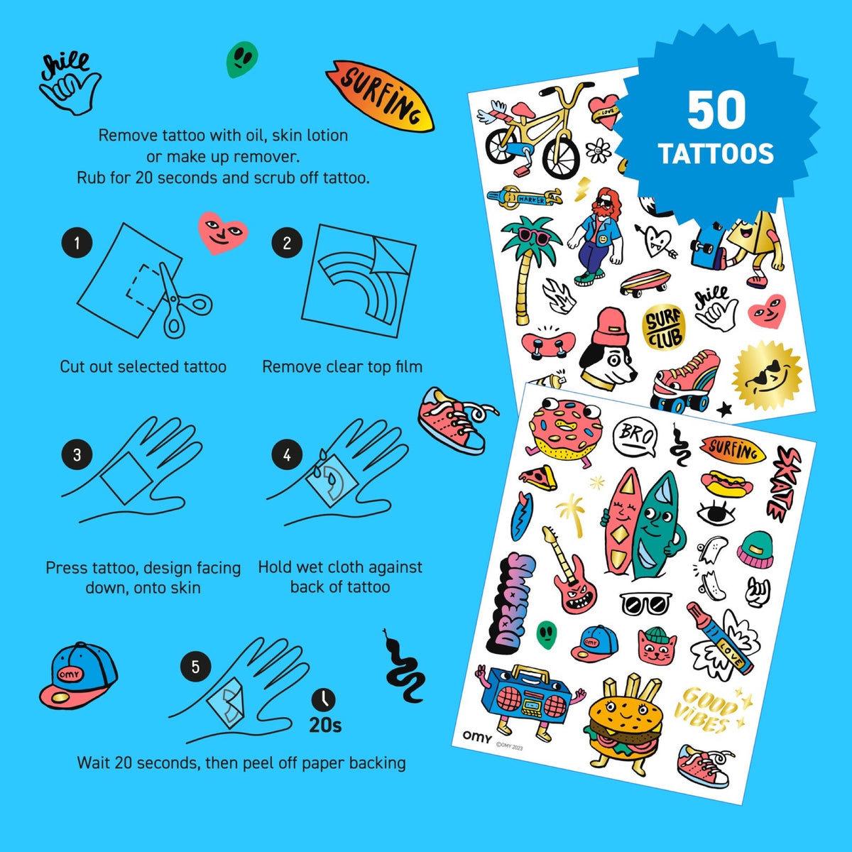 50 tatouages temporaires testés dermatologiquement — OMY — Surf & Skate — autre vue 2 | Appart 17 Bruxelles