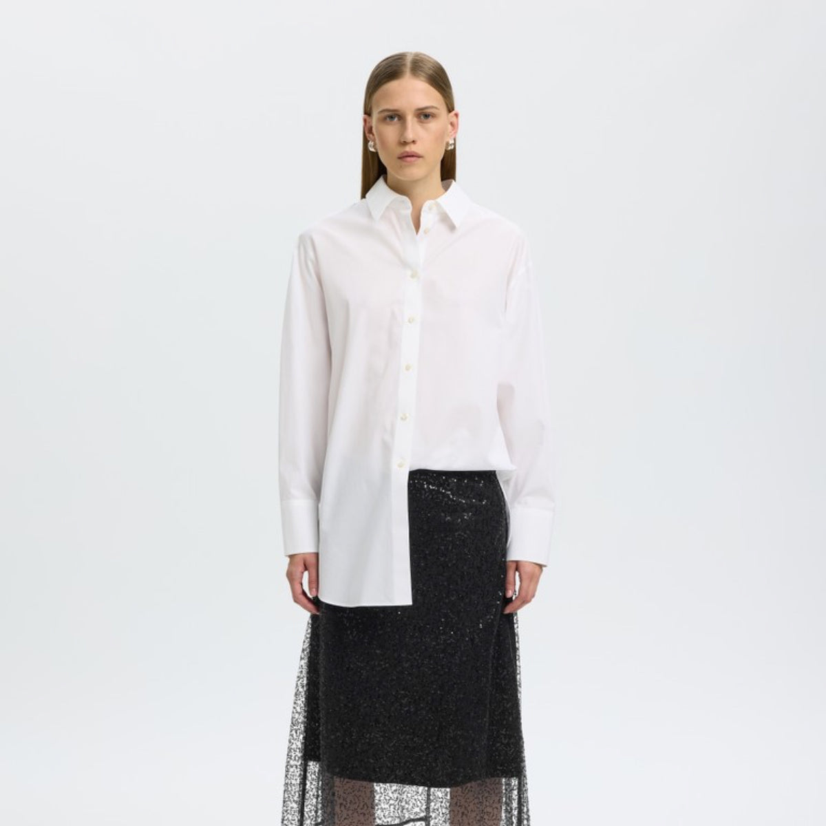 SLWOLINA Jupe midi à sequins voilée de tulle, perles — Selected Femme — Black — porté | Appart 17 Bruxelles