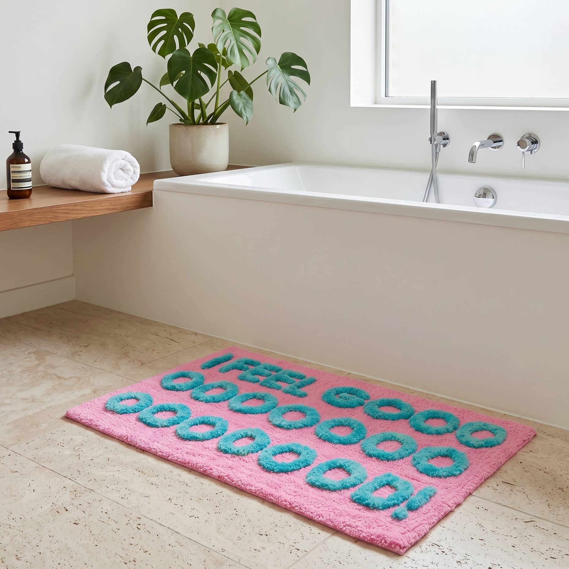 Tapis de bain « I Feel Good » tufté main — Rose & turquoise — vue 3, Rose & turquoise | Appart 17