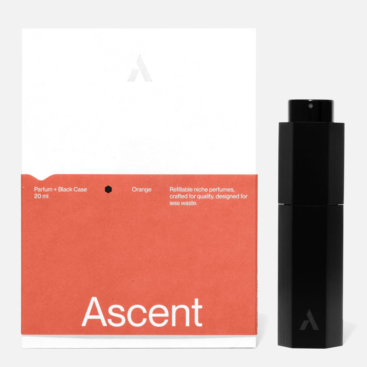Ascent Starter Pack Étui rechargeable en aluminium + extrait de parfum 20 ml — Ascent — Orange — packshot, coffret et étui noir 3 | Appart 17 Bruxelles