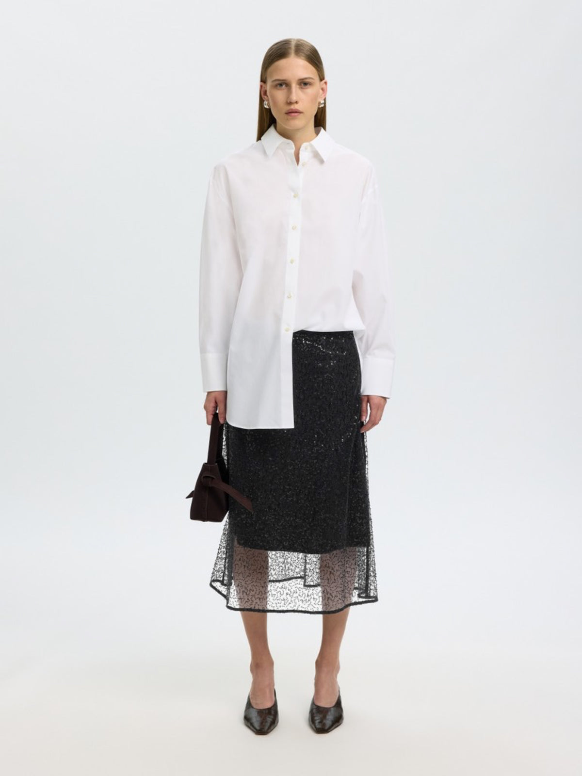 SLWOLINA Jupe midi à sequins voilée de tulle, perles — Selected Femme — Black — porté, tenue complète 3 | Appart 17 Bruxelles