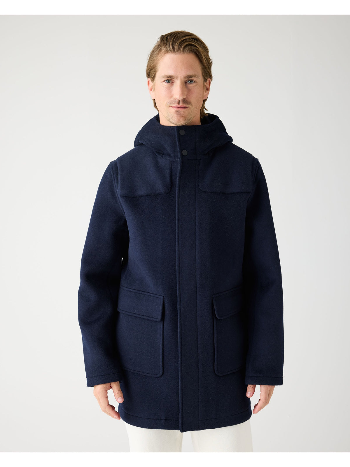 Duffle-coat Wool à capuche amovible en laine recyclée — KnowledgeCotton Apparel — Night Sky — porté 2 | Appart 17 Bruxelles
