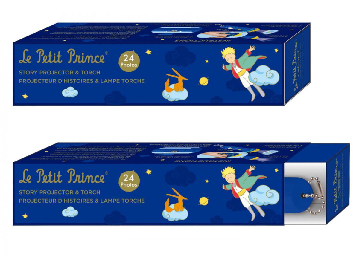 Projecteur d'histoires et lampe de poche Le Petit Prince, 24 images — Trousselier — Le Petit Prince — packshot : boîte fermée et boîte ouverte sur le projecteur bleu | Appart 17 Bruxelles