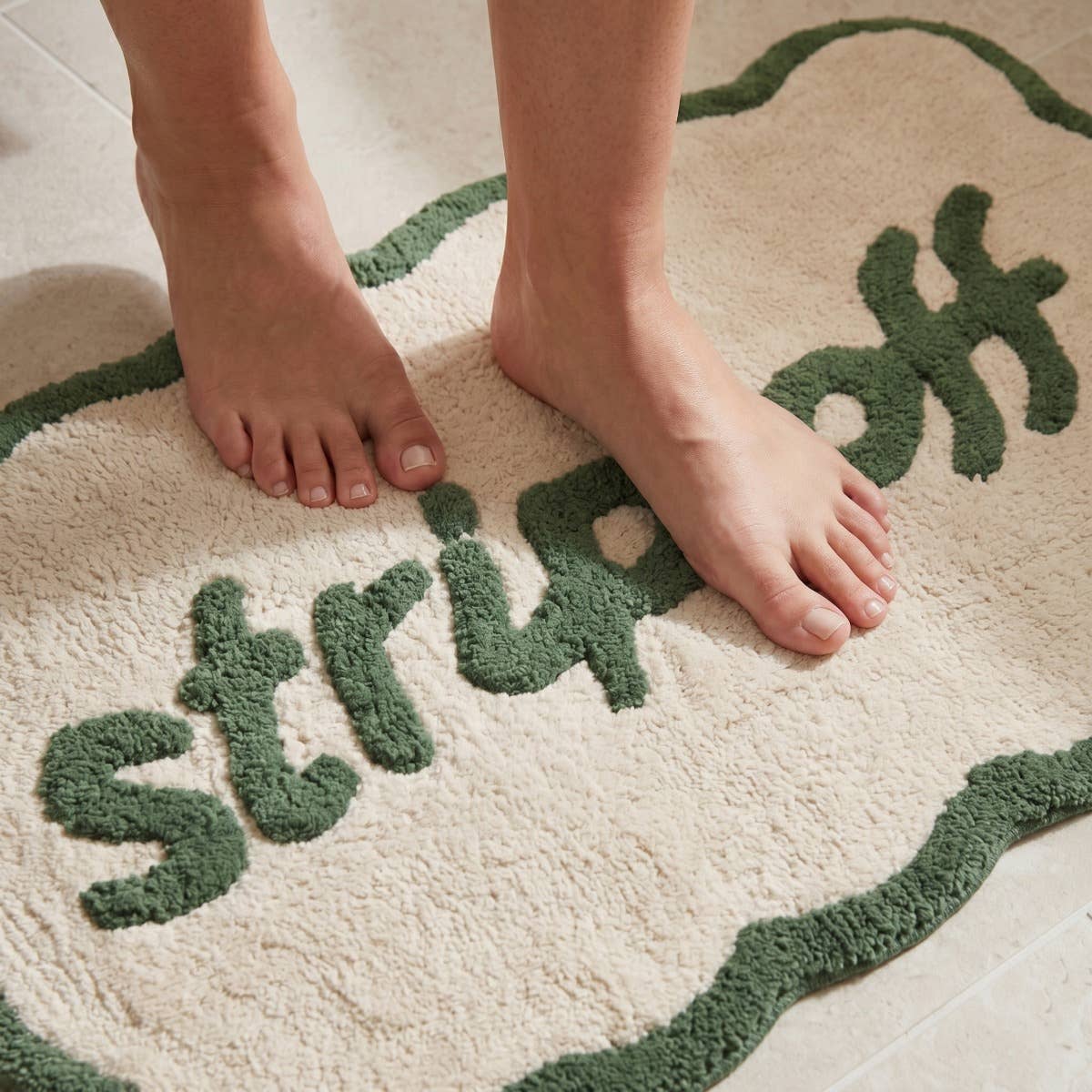 Tapis de bain « Strip Off » festonné — Crème & vert — vue 7, Crème & vert | Appart 17