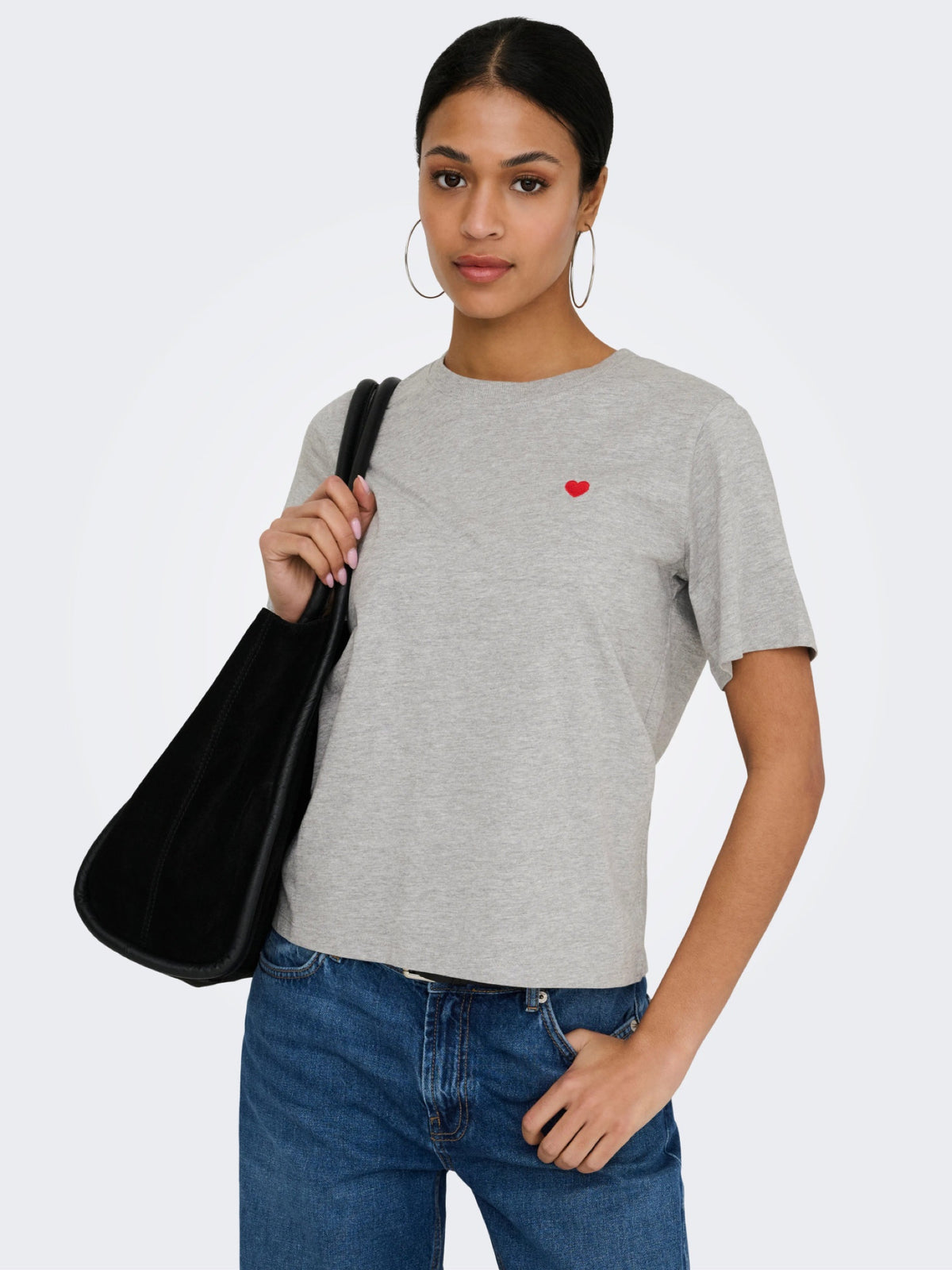 JDYPISA T-shirt col rond en coton bio à imprimé — JDY — Light Grey Melange / Bittersweet Heart — détail | Appart 17 Bruxelles