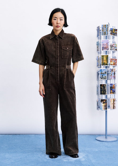 MARGATE Combinaison pantalon en velours côtelé délavé, manches courtes — Ocre