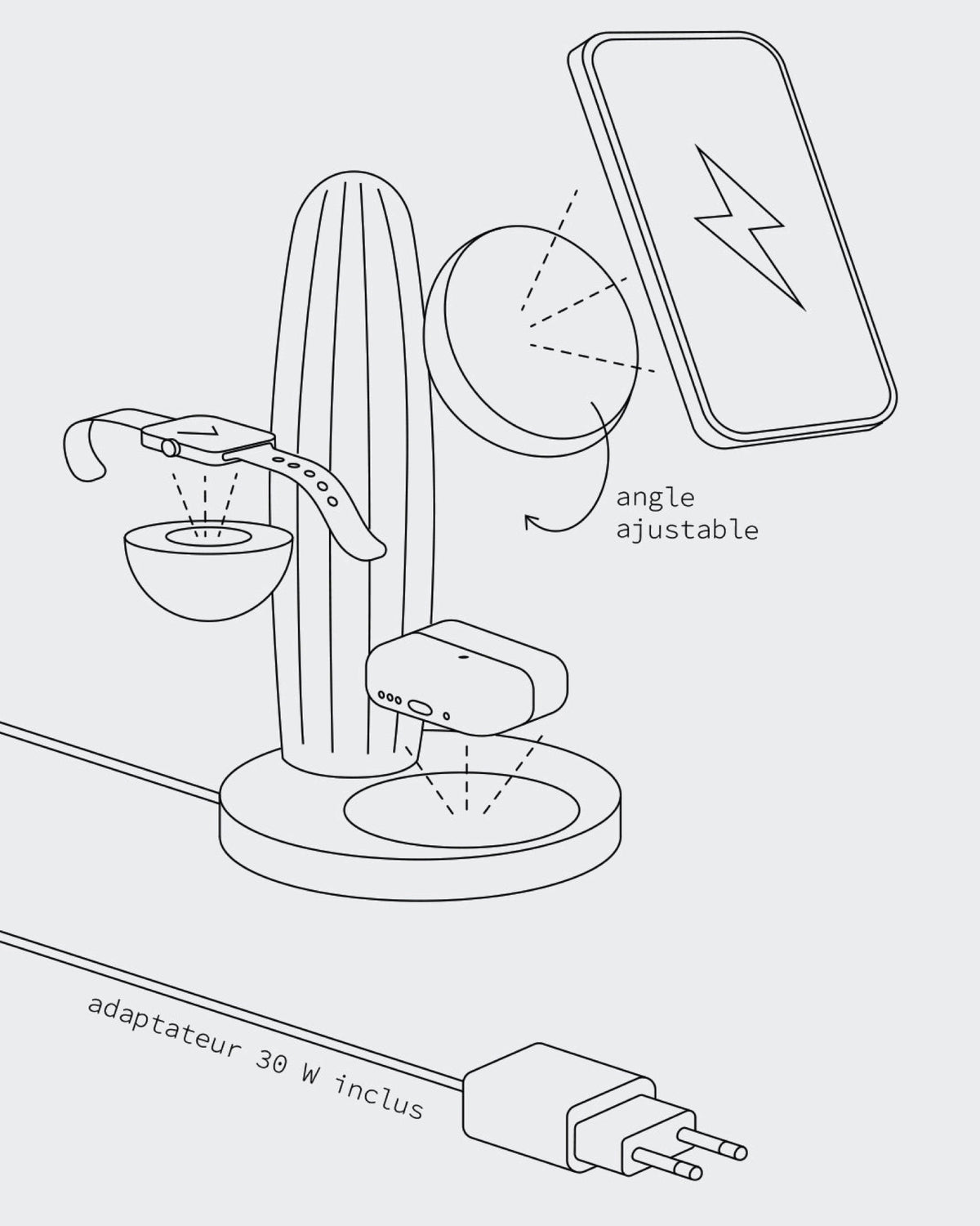 Casyx Le Cactus Chargeur sans fil 3 en 1 — Casyx — Vert — schéma technique 5 | Appart 17 Bruxelles