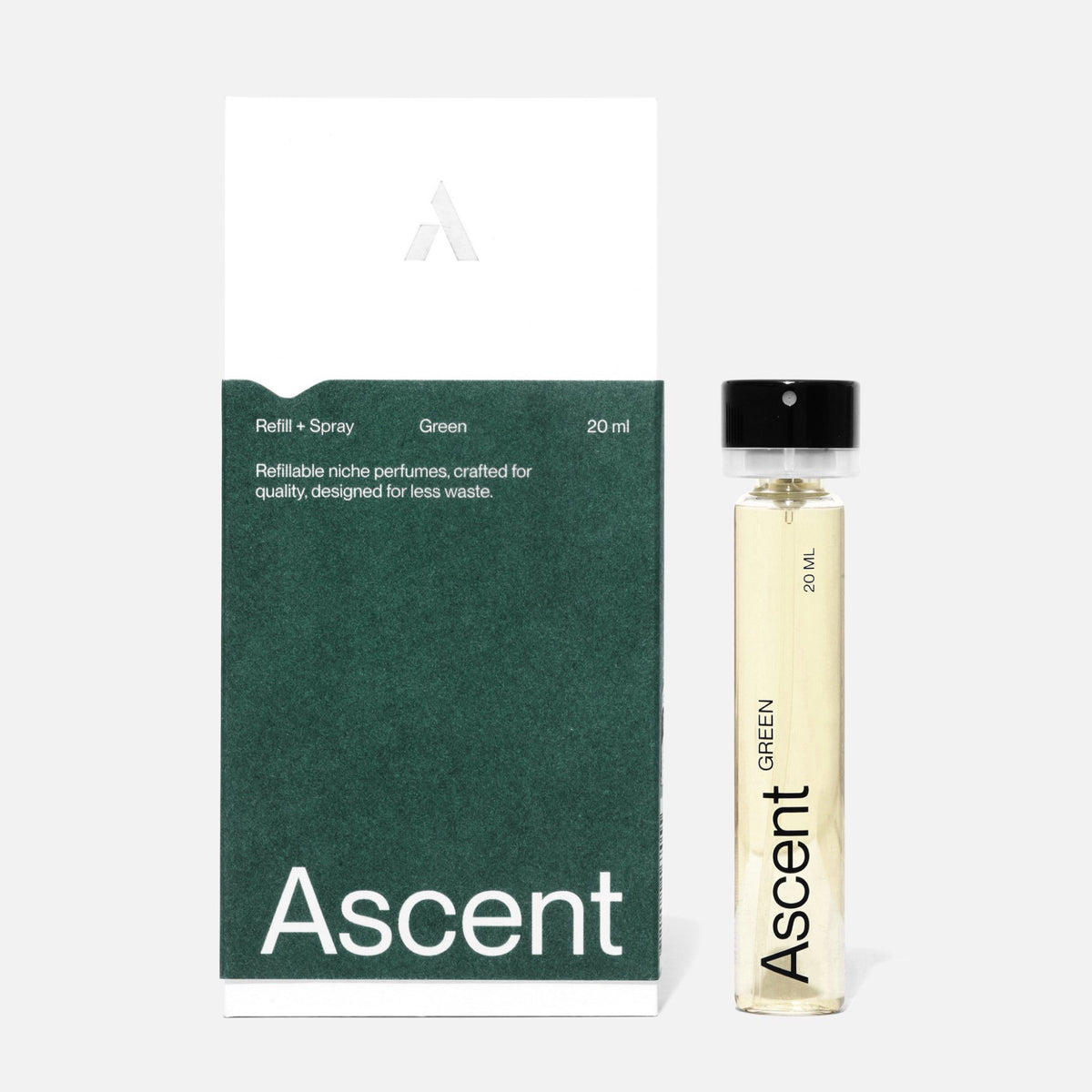 Ascent Refill Extrait de parfum rechargeable 20 ml — Ascent — Green — packshot, coffret et recharge 2 | Appart 17 Bruxelles