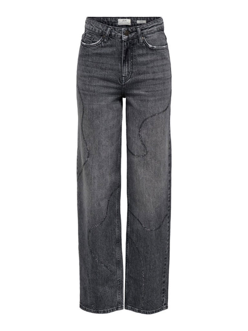 JDYSANDRA Jean droit taille haute à strass, longueur 32 — Medium Grey Denim