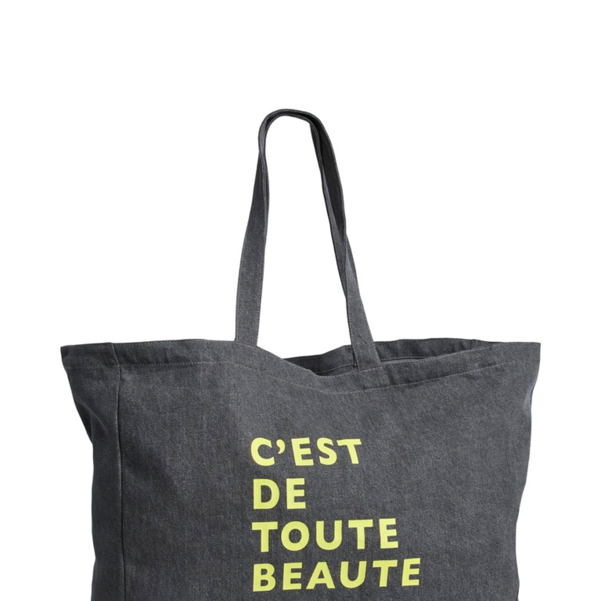 PCSASTRO Tote bag en coton à slogan — Pieces — Black Washed/neon yellow — packshot | Appart 17 Bruxelles