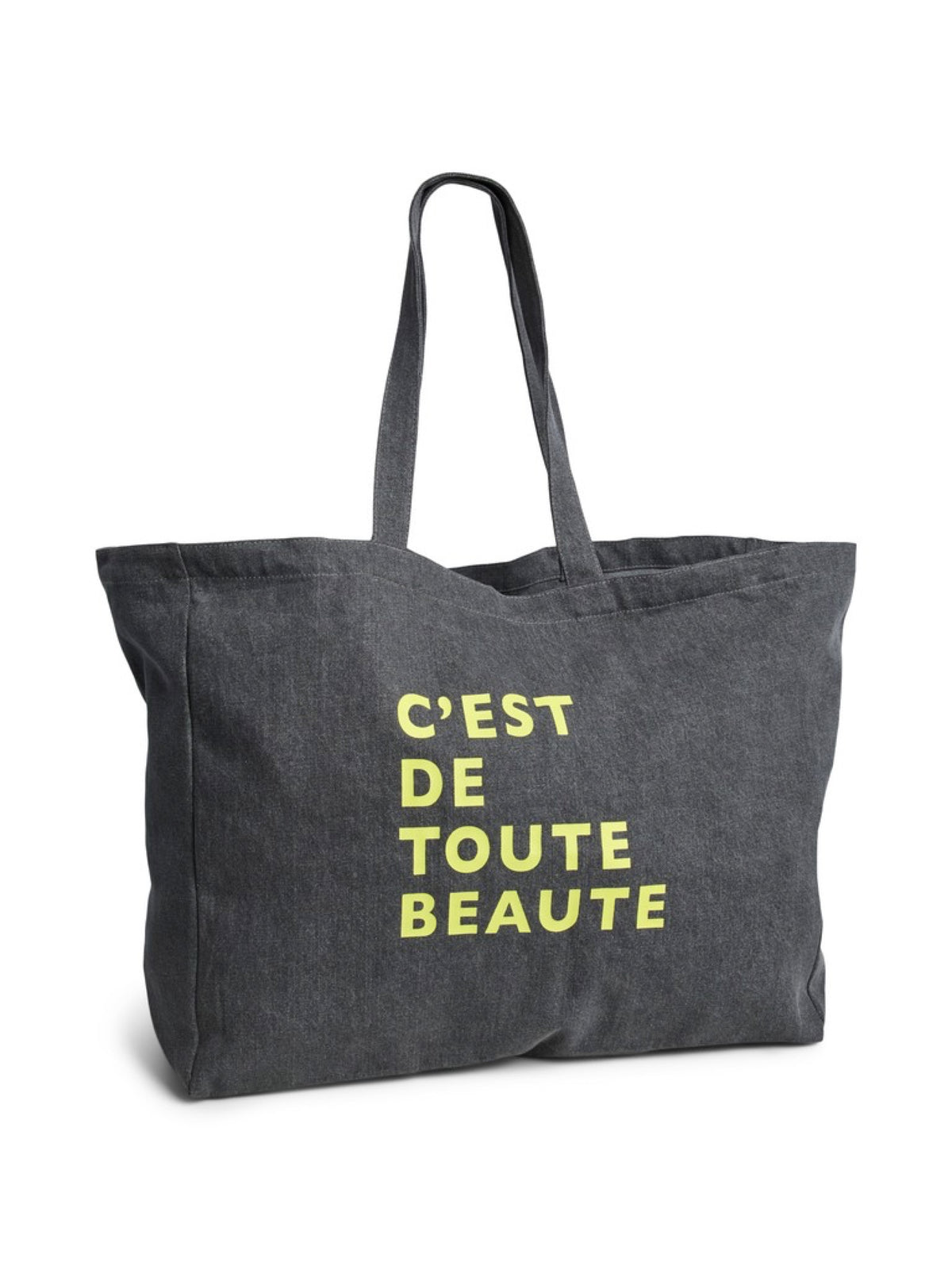 PCSASTRO Tote bag en coton à slogan — Pieces — Black Washed/neon yellow — packshot | Appart 17 Bruxelles