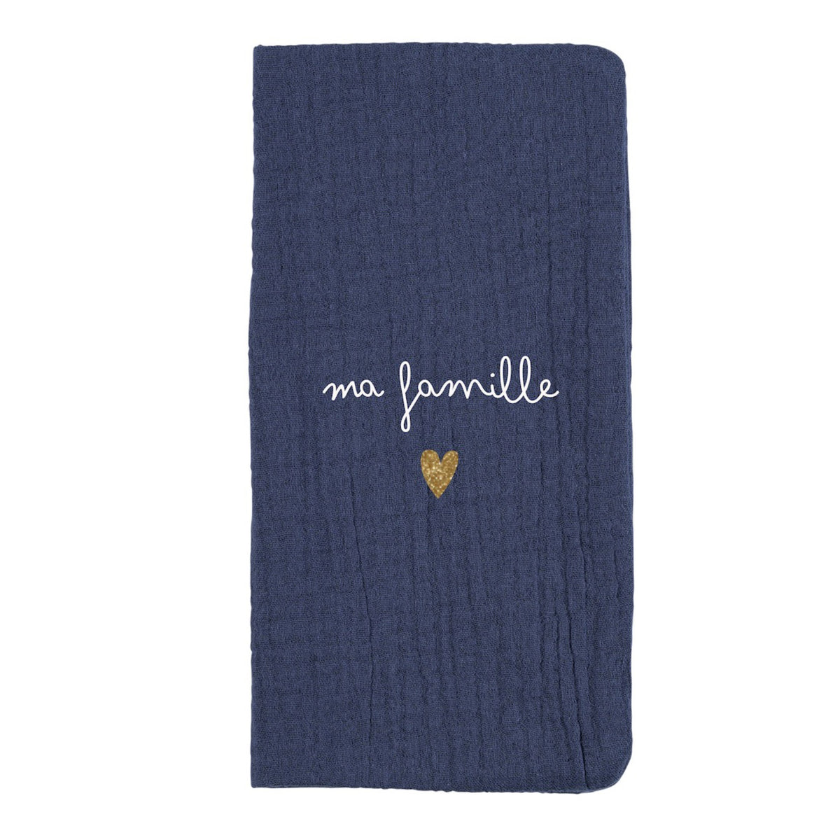 Protège livret de famille en gaze de coton brodé — Atelier Wagram — Bleu jean « Ma famille » — packshot | Appart 17 Bruxelles