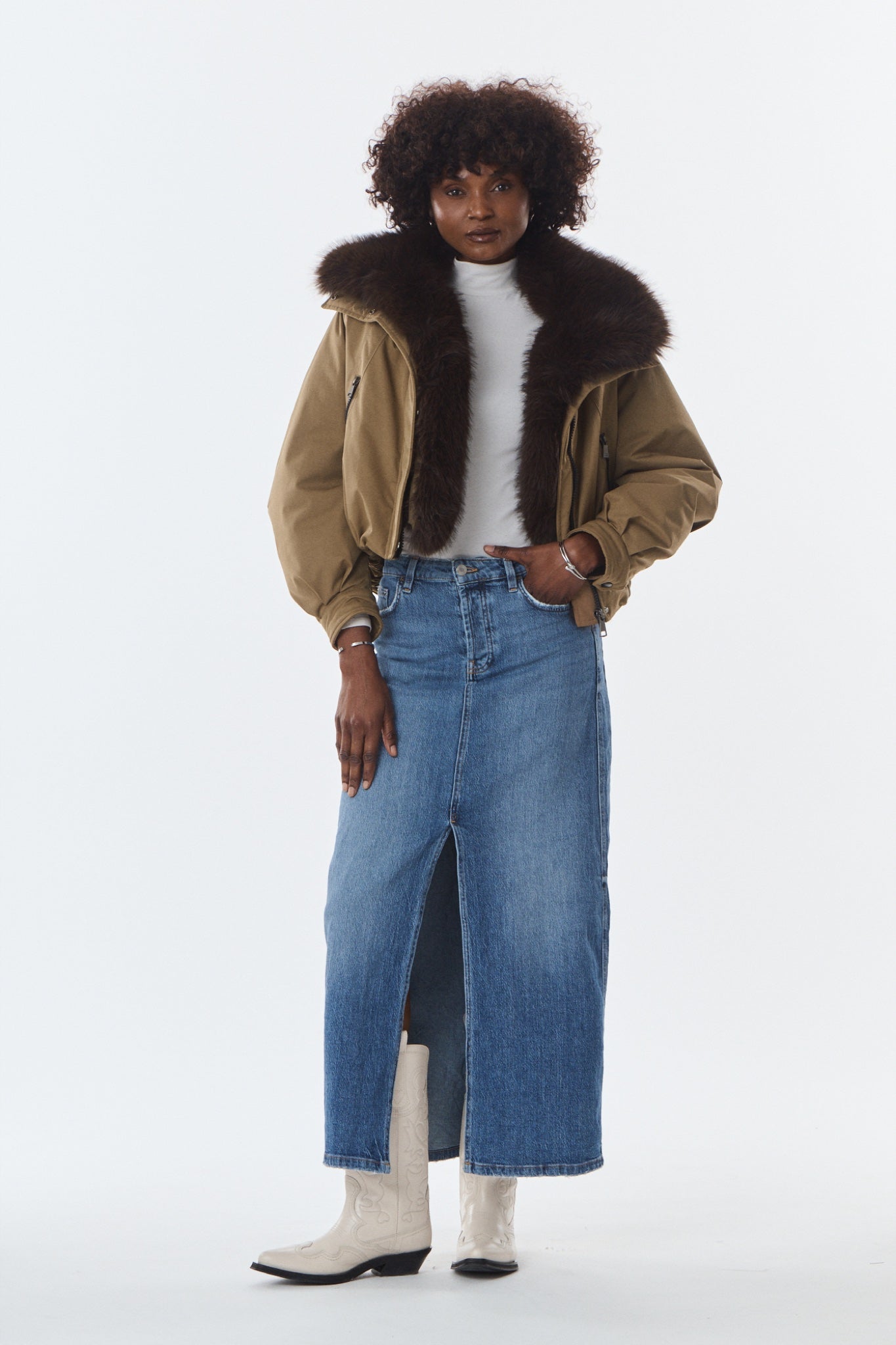 BELINA Blouson à col fausse fourrure — Taupe — Giovanni Paris