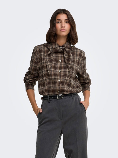 JDYELODY Chemise à carreaux avec foulard attaché — Coffee Bean Checks