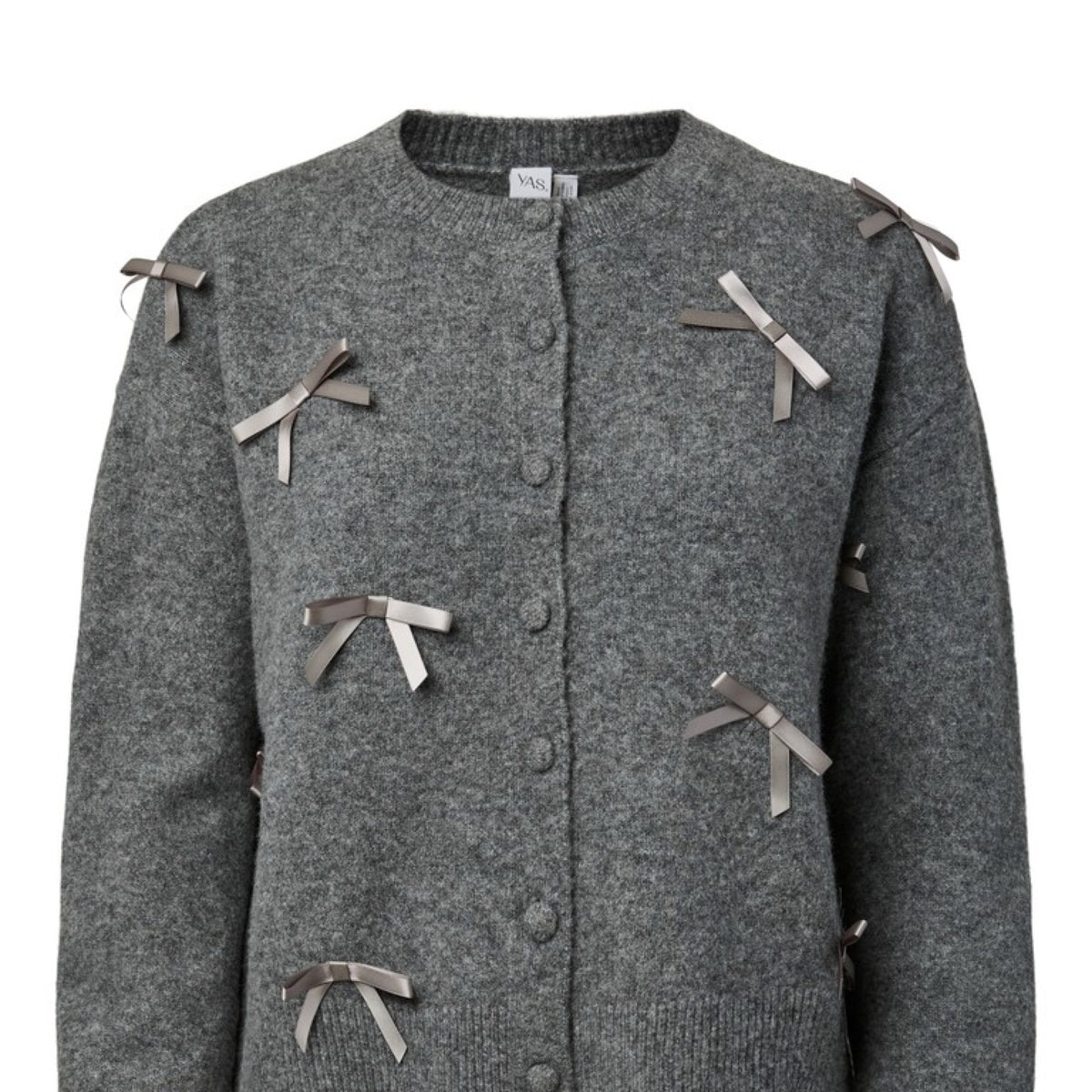 YASFRILO Cardigan boutonné en maille avec nœuds en ruban — YAS — Dark Grey Melange — packshot | Appart 17 Bruxelles