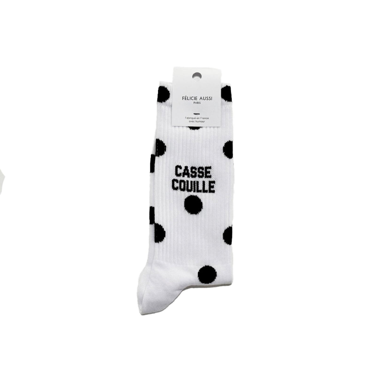 Félicie Aussi Chaussettes « Casse couille » — Felicie Aussi — Blanc à pois noirs — photo produit | Appart 17 Bruxelles